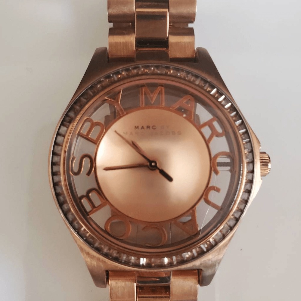 Marc by Marc Jacobs Rose Gold Tone Skeleton Logo Dial Bracelet Watch MBM3127
